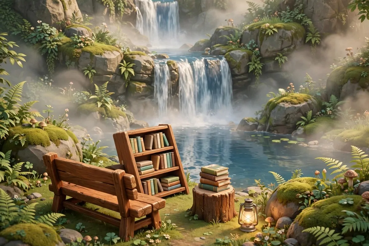 16 Acnh Outdoor Library Builds Straight Out of a Storybook 7 Serene video game island waterfall with mossy rocks, wooden bench, book piles and soft mist