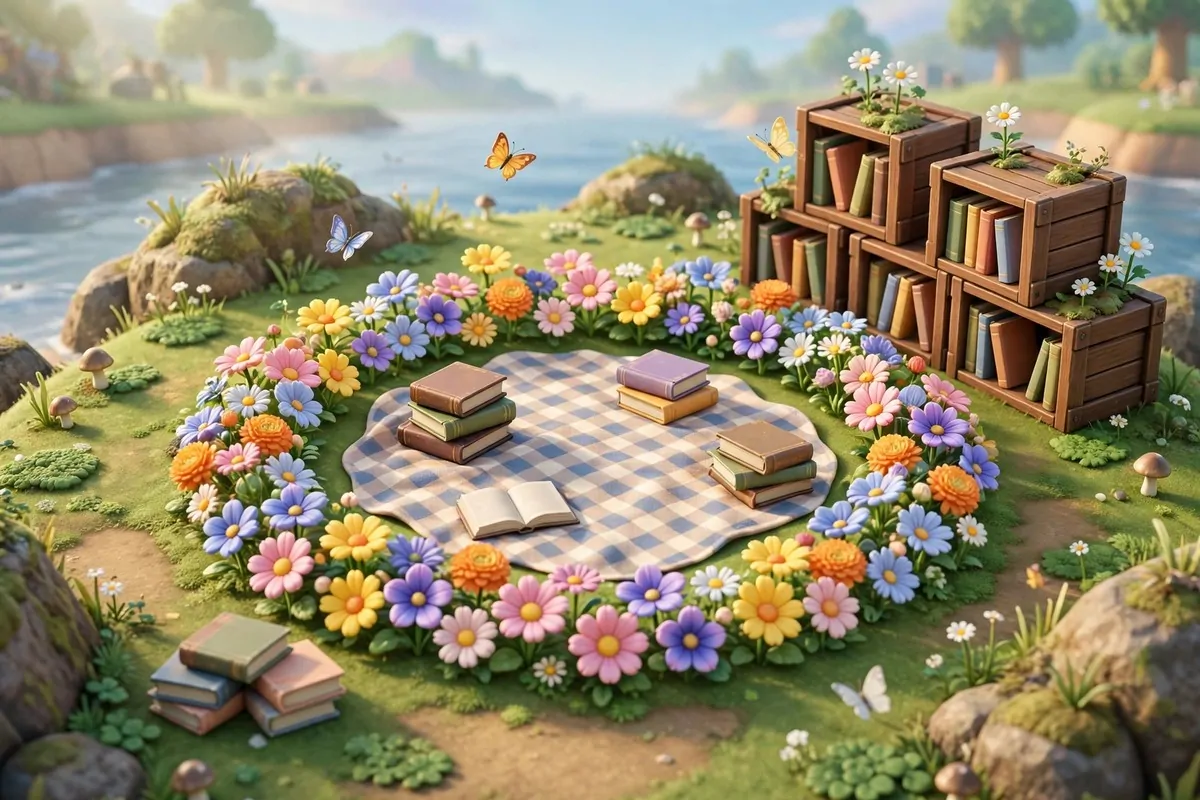 16 Acnh Outdoor Library Builds Straight Out of a Storybook 8 Bright video game island flower meadow with colorful blooms, picnic blanket, book piles and wooden crate shelves