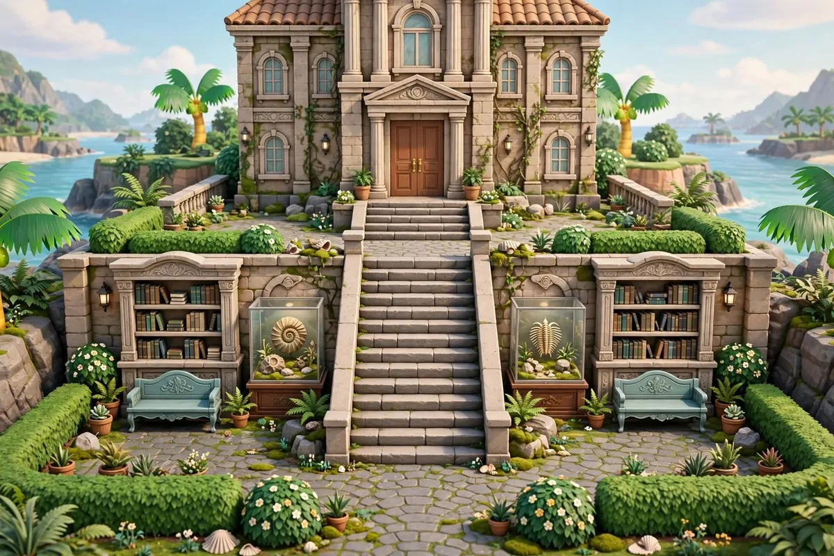 16 Acnh Outdoor Library Builds Straight Out of a Storybook 9 Grand video game island museum entrance courtyard with stone bookcases, fossil displays, benches and manicured hedges