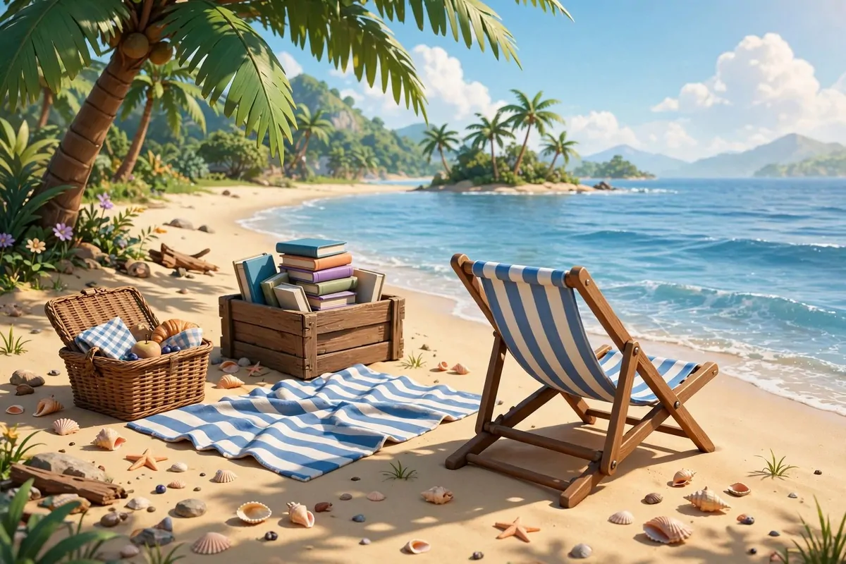 16 Acnh Outdoor Library Builds Straight Out of a Storybook 10 Sunny video game island beach with striped beach chair, wooden book crate, palm tree shade and gentle waves
