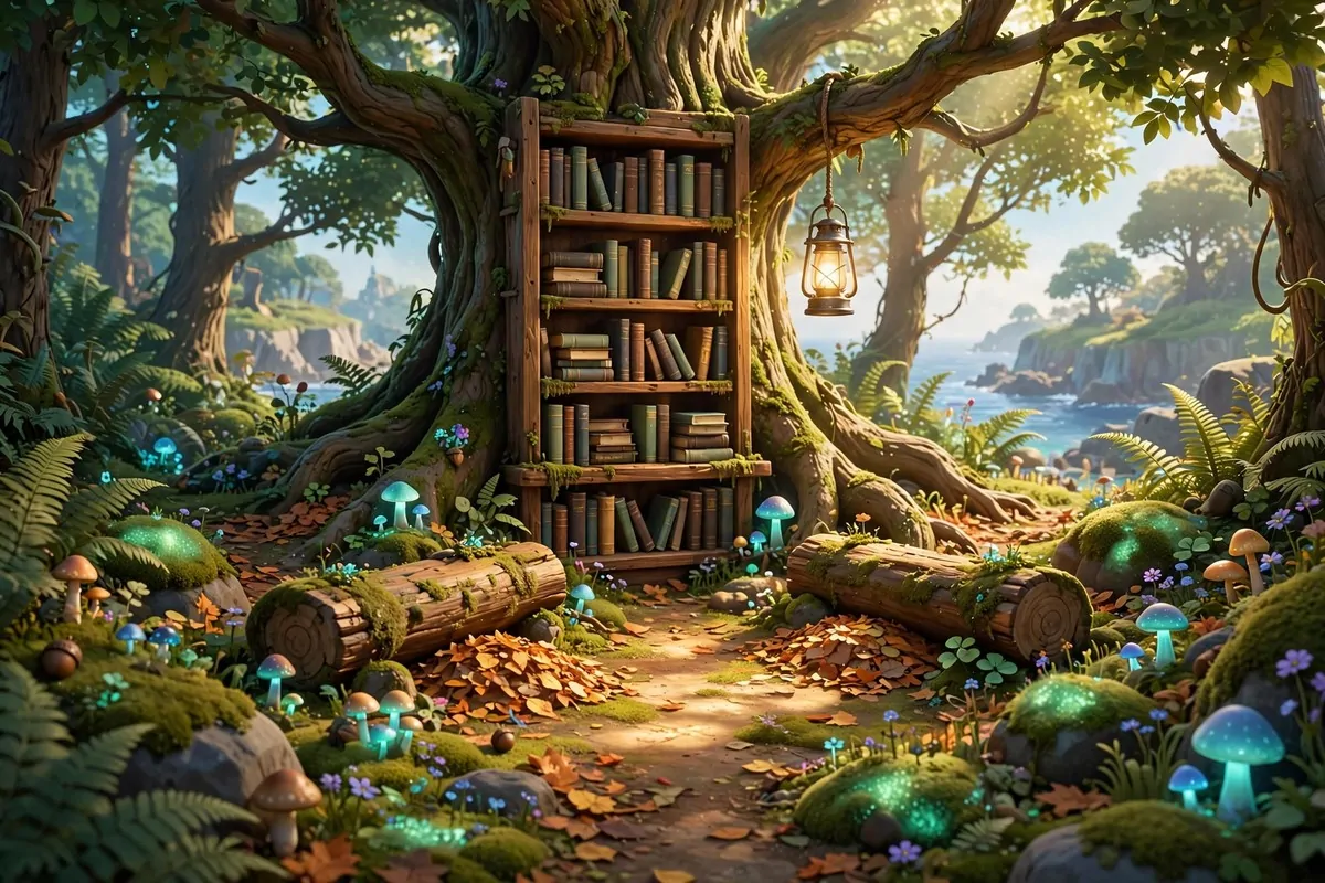 16 Acnh Outdoor Library Builds Straight Out of a Storybook 11 Hidden video game island forest clearing with mossy log benches, tall bookshelves between trees and dappled sunlight