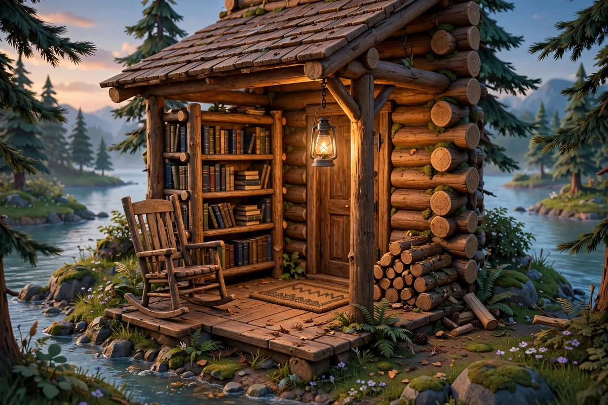 16 Acnh Outdoor Library Builds Straight Out of a Storybook 12 Rustic video game island log cabin porch with rocking chair, wooden bookshelf, warm lantern and pine trees