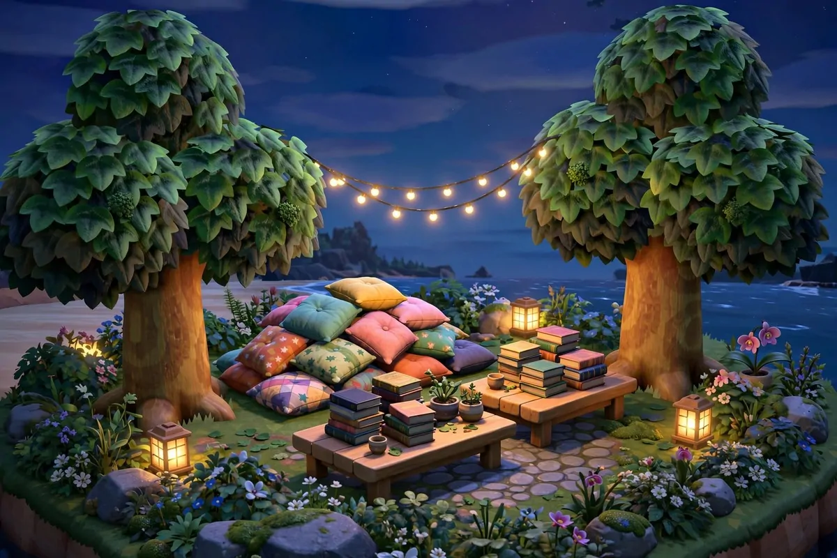 16 Acnh Outdoor Library Builds Straight Out of a Storybook 13 Magical video game island garden at dusk with string lights, glowing lanterns, book piles and cozy cushions