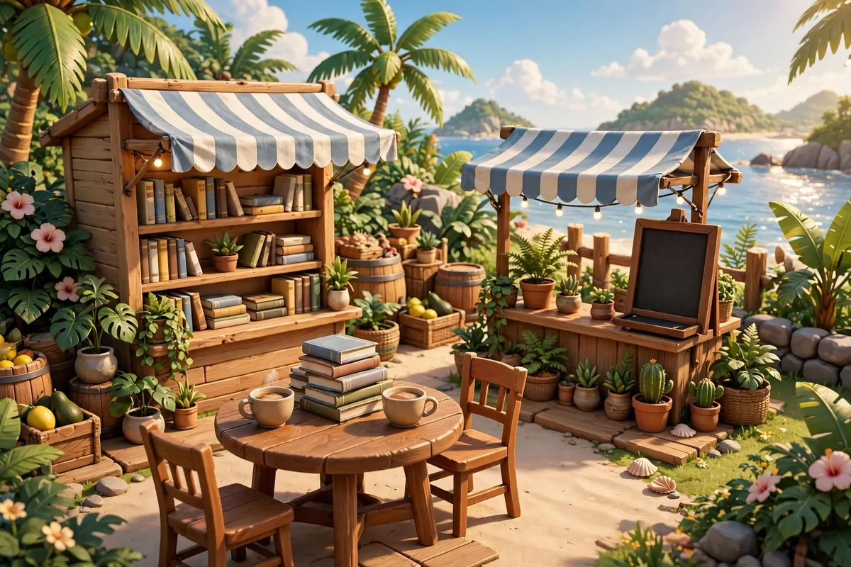 16 Acnh Outdoor Library Builds Straight Out of a Storybook 14 Charming video game island outdoor cafe with small round tables, book piles on shelves, coffee cups and striped awning