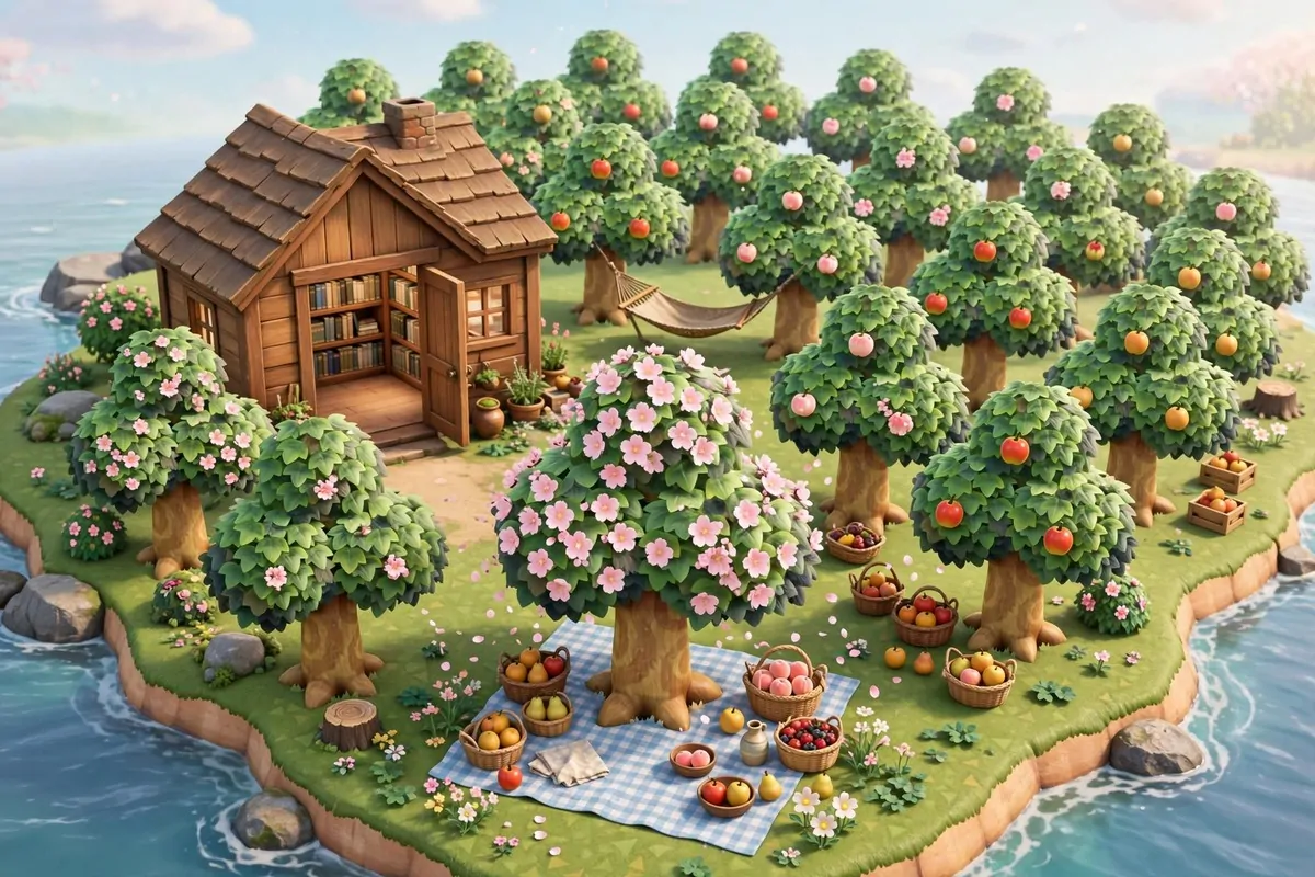 16 Acnh Outdoor Library Builds Straight Out of a Storybook 15 Sweet video game island orchard with fruit trees, small wooden hut, bookcases and baskets of fruit