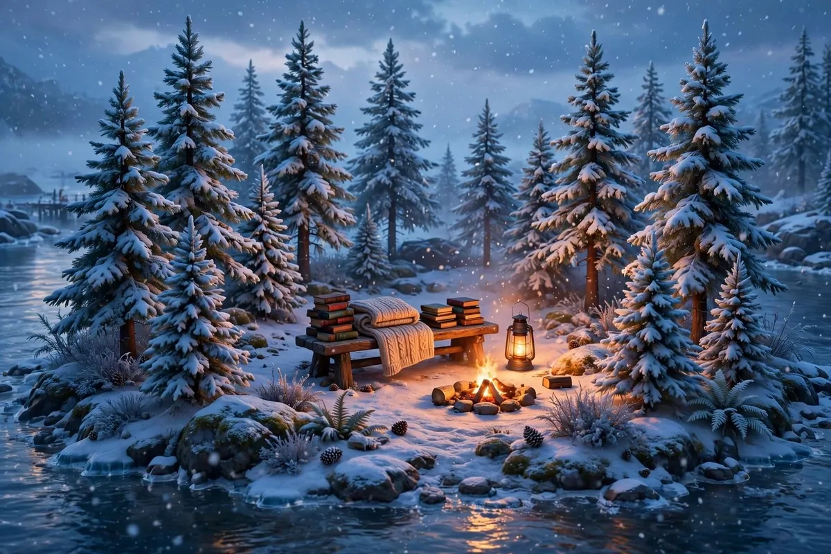16 Acnh Outdoor Library Builds Straight Out of a Storybook 16 Snowy video game island garden with pine trees, wooden bench, book piles, warm lantern glow and falling snow