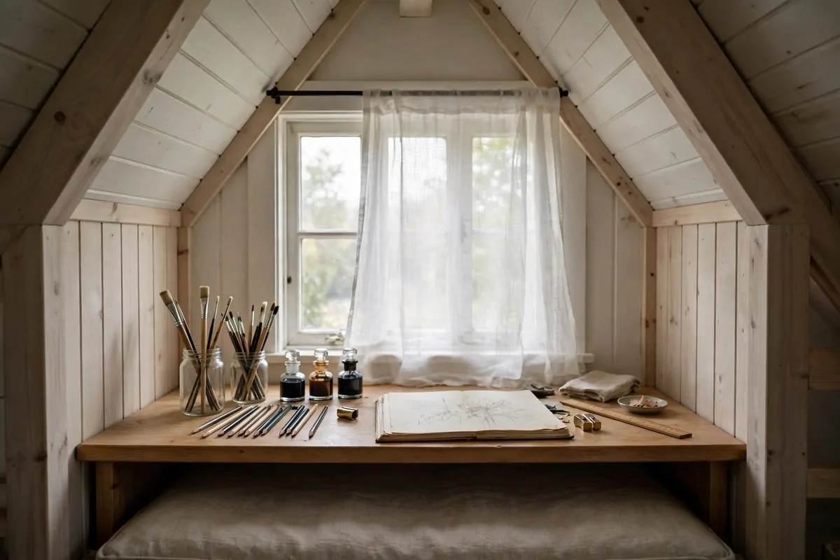 Dormer window desk nook with sketchbook and brushes for Attic Art Studio Ideas