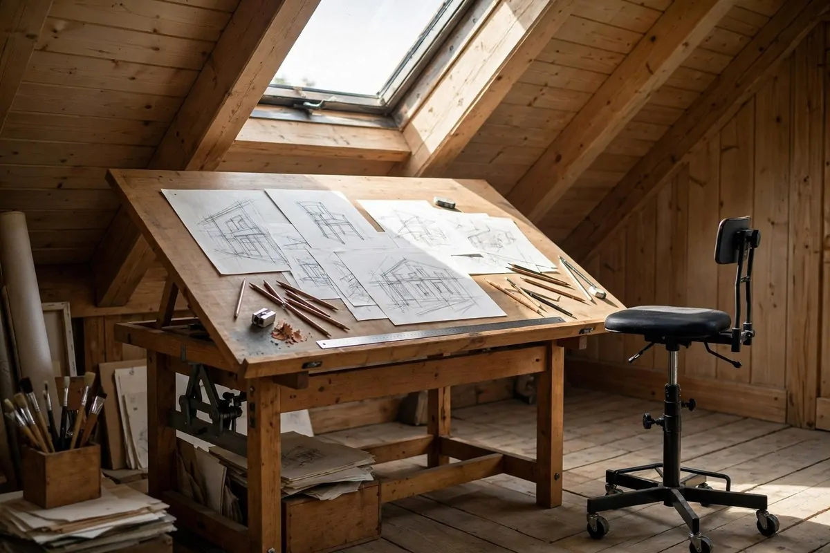 Tilt-top drafting table under sloped attic ceiling for Attic Art Studio Ideas