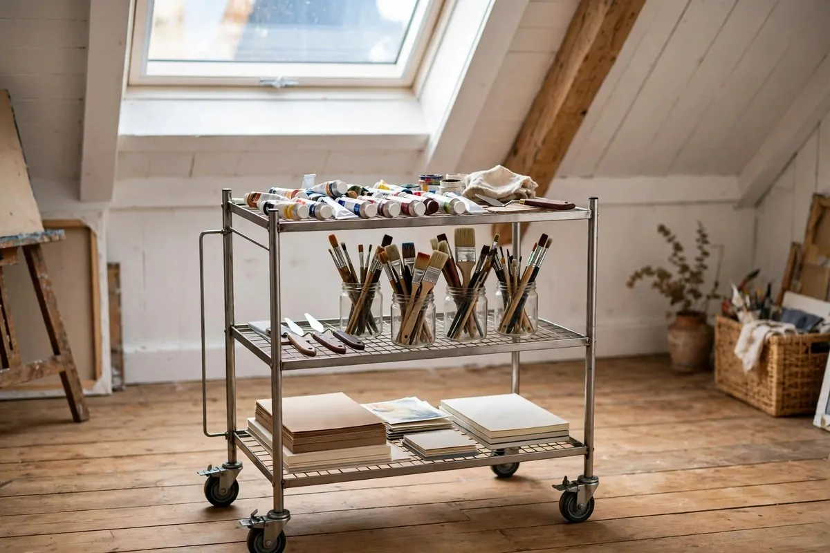 Rolling supply trolley with paint tubes and brushes for Attic Art Studio Ideas