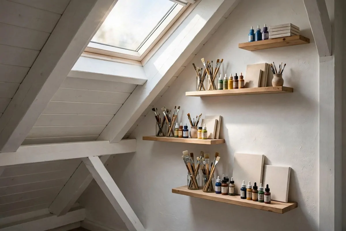 Floating shelves following the sloped attic wall for Attic Art Studio Ideas