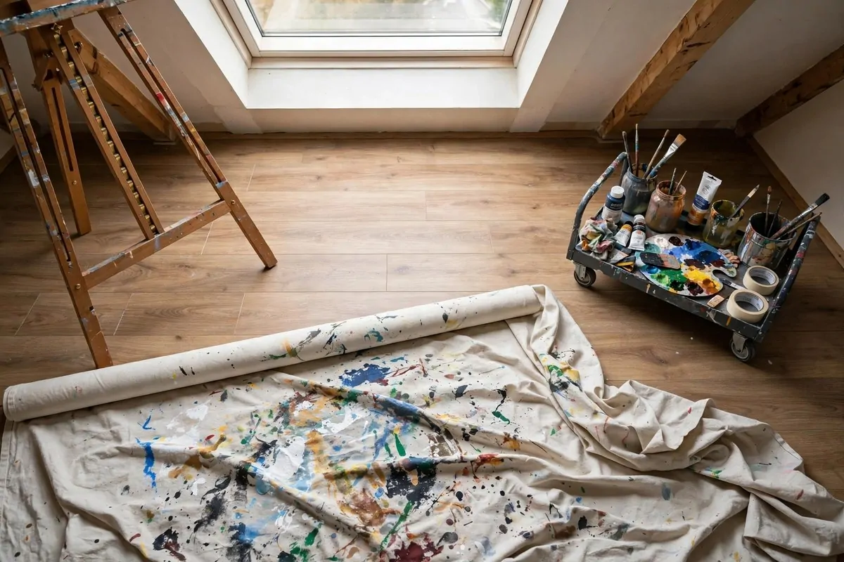 Easy-clean vinyl plank floor with drop cloth in attic studio for Attic Art Studio Ideas