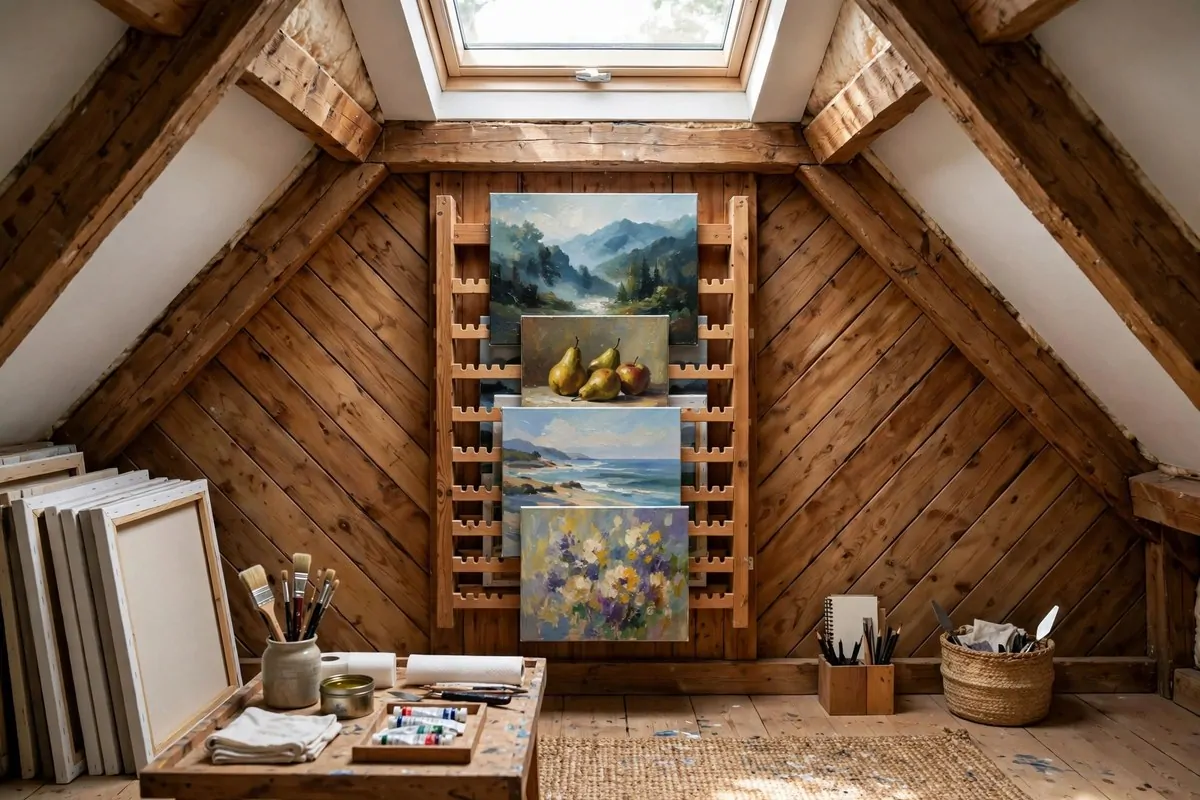 Wall-mounted drying rack with wet canvases for Attic Art Studio Ideas