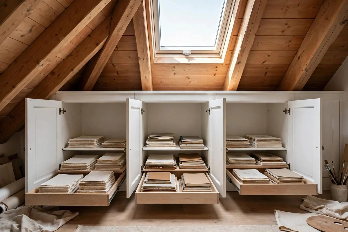 Knee wall storage doors with flat art paper stacks for Attic Art Studio Ideas