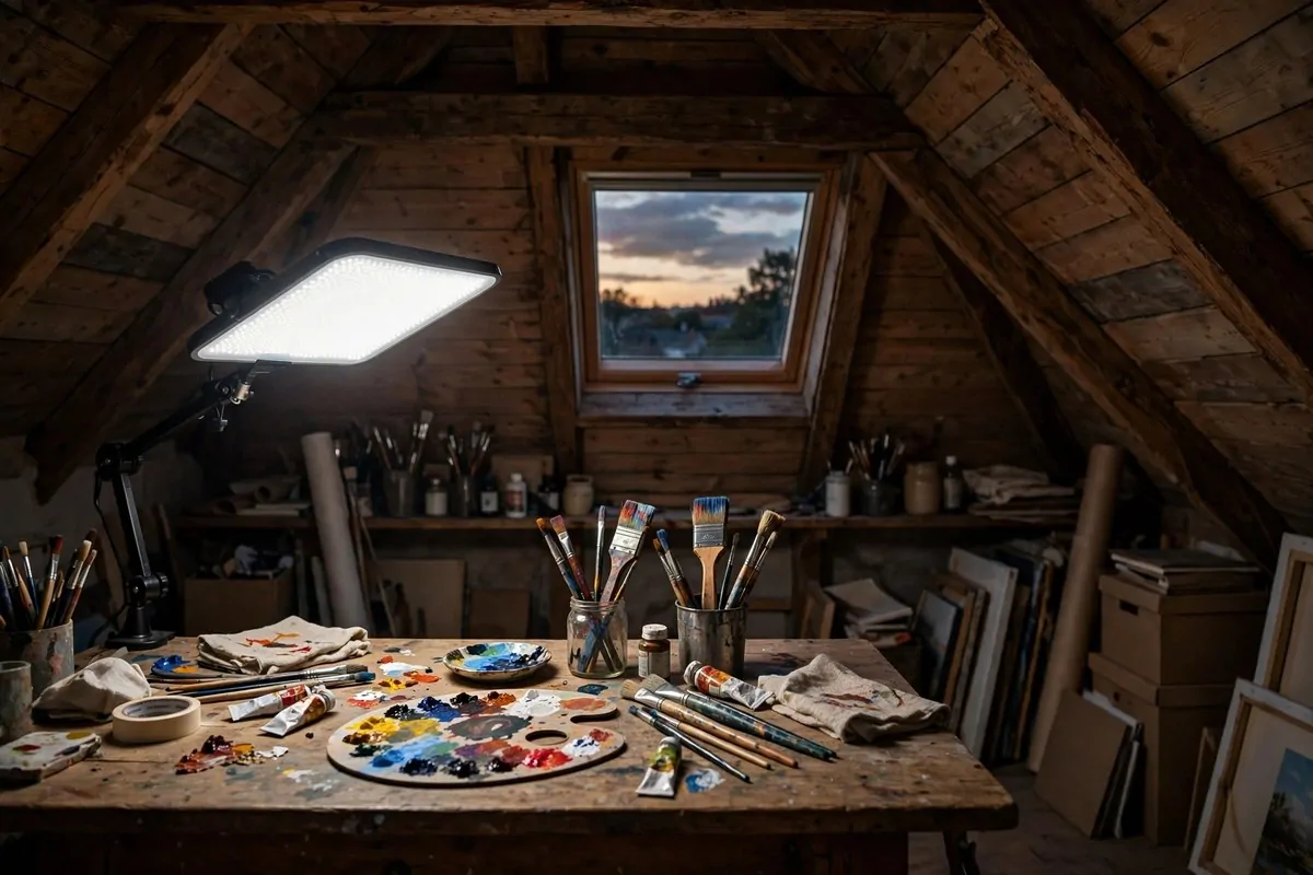 Daylight LED lamp glowing over attic work table at dusk for Attic Art Studio Ideas