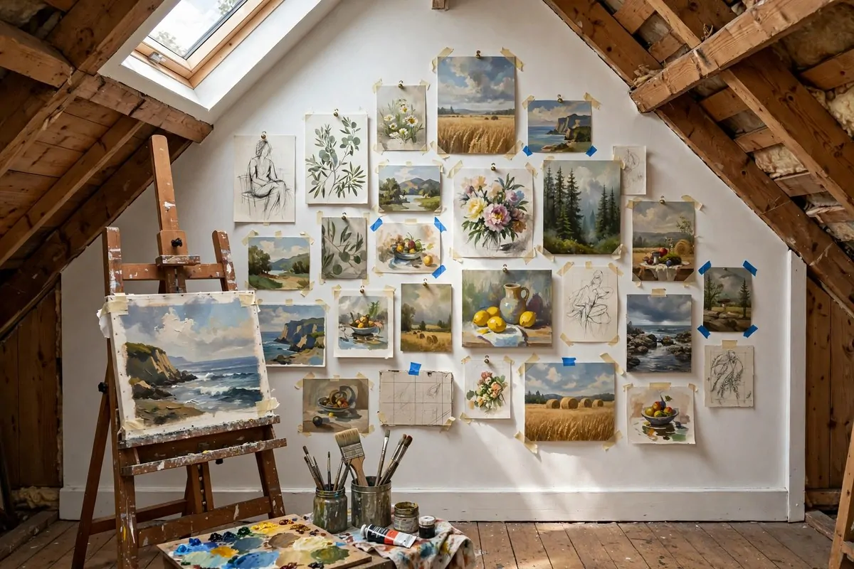 Gallery pin-up wall of paintings on gable wall for Attic Art Studio Ideas
