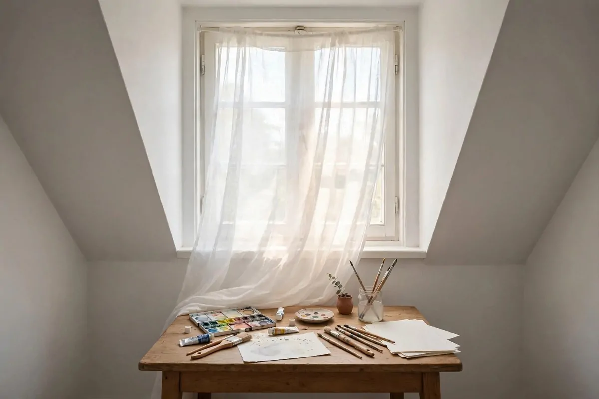 Sheer white curtain softening dormer window light for Attic Art Studio Ideas