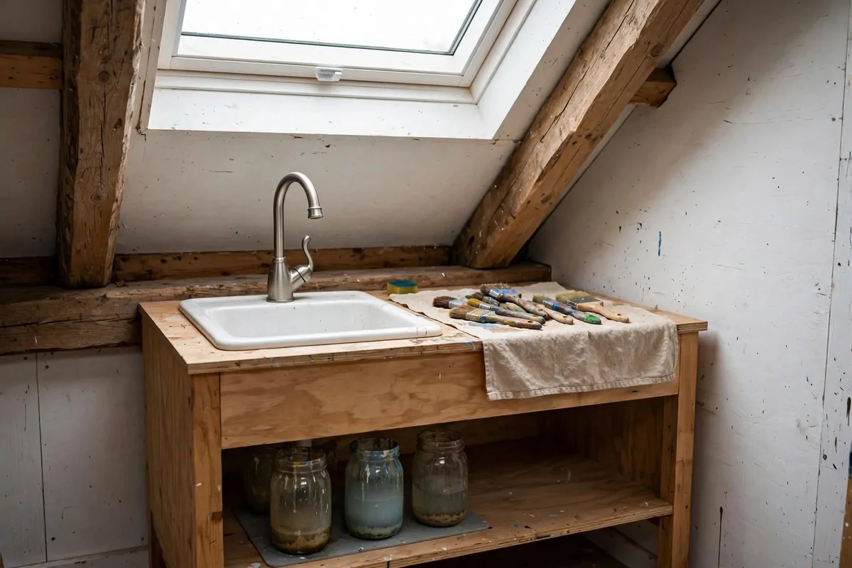 Small utility sink wash-up corner in attic studio for Attic Art Studio Ideas