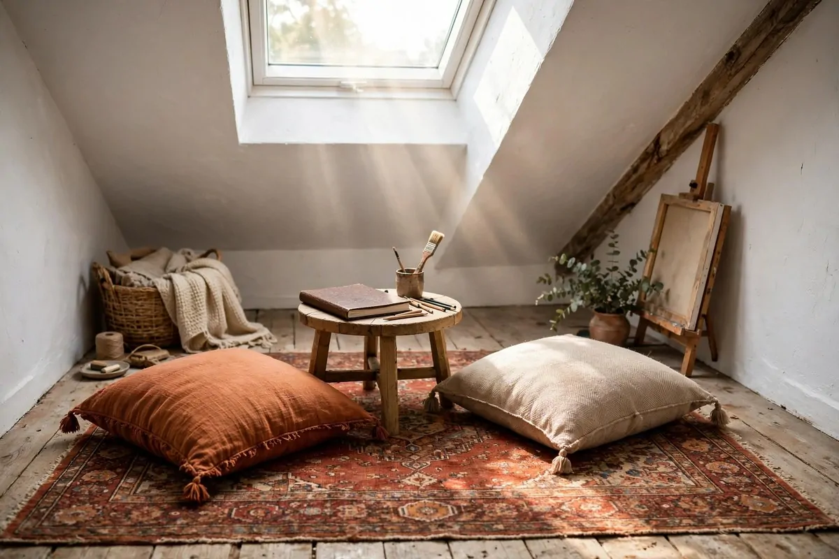 Vintage rug resting corner under attic skylight for Attic Art Studio Ideas