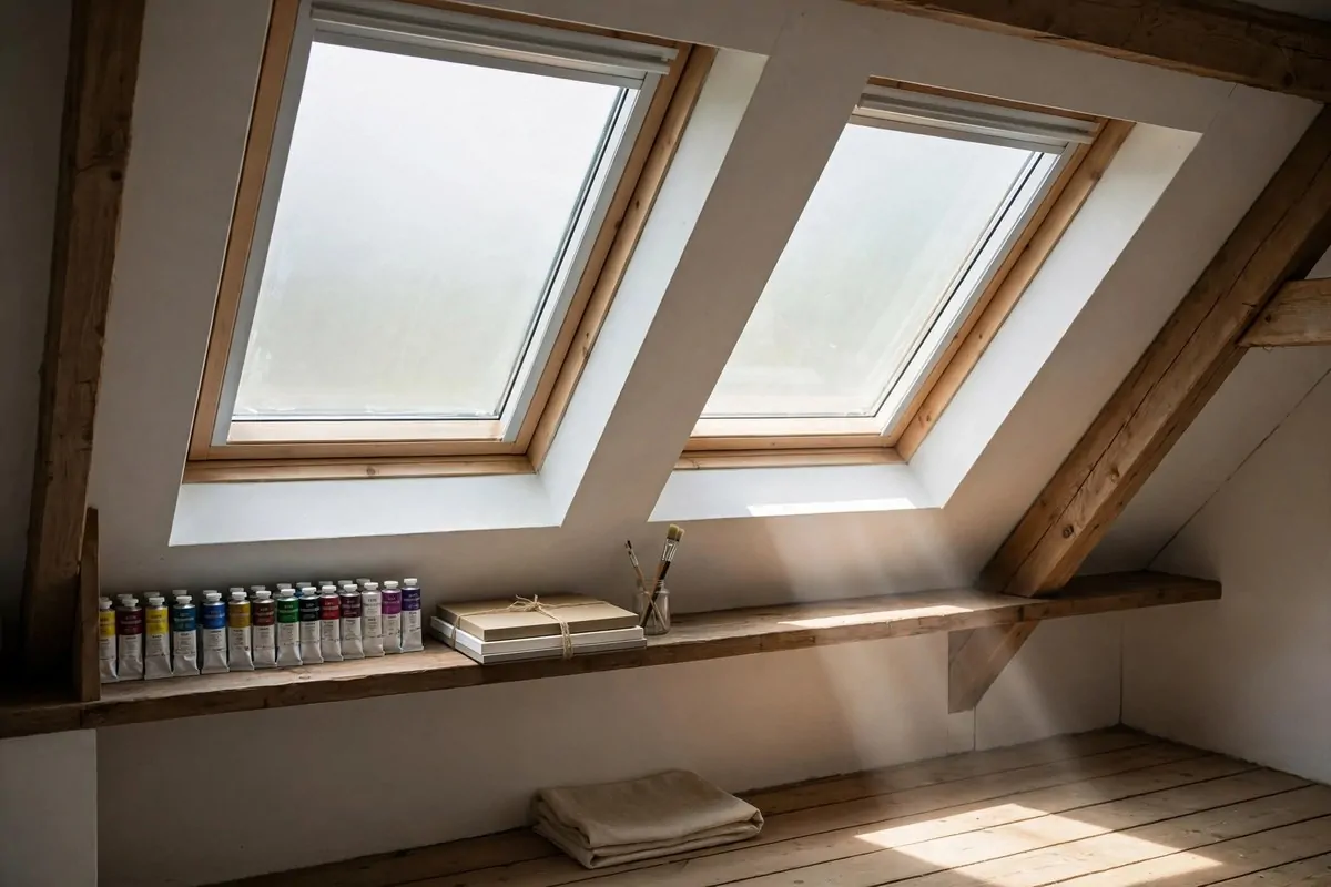 Paint supplies stored in shaded shelf away from skylight for Attic Art Studio Ideas