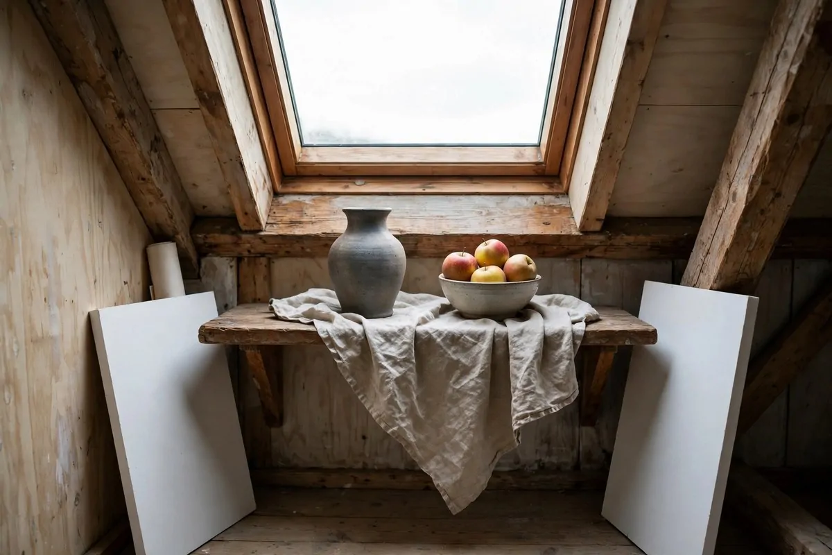 Still-life setup shelf with vase and fruit for Attic Art Studio Ideas