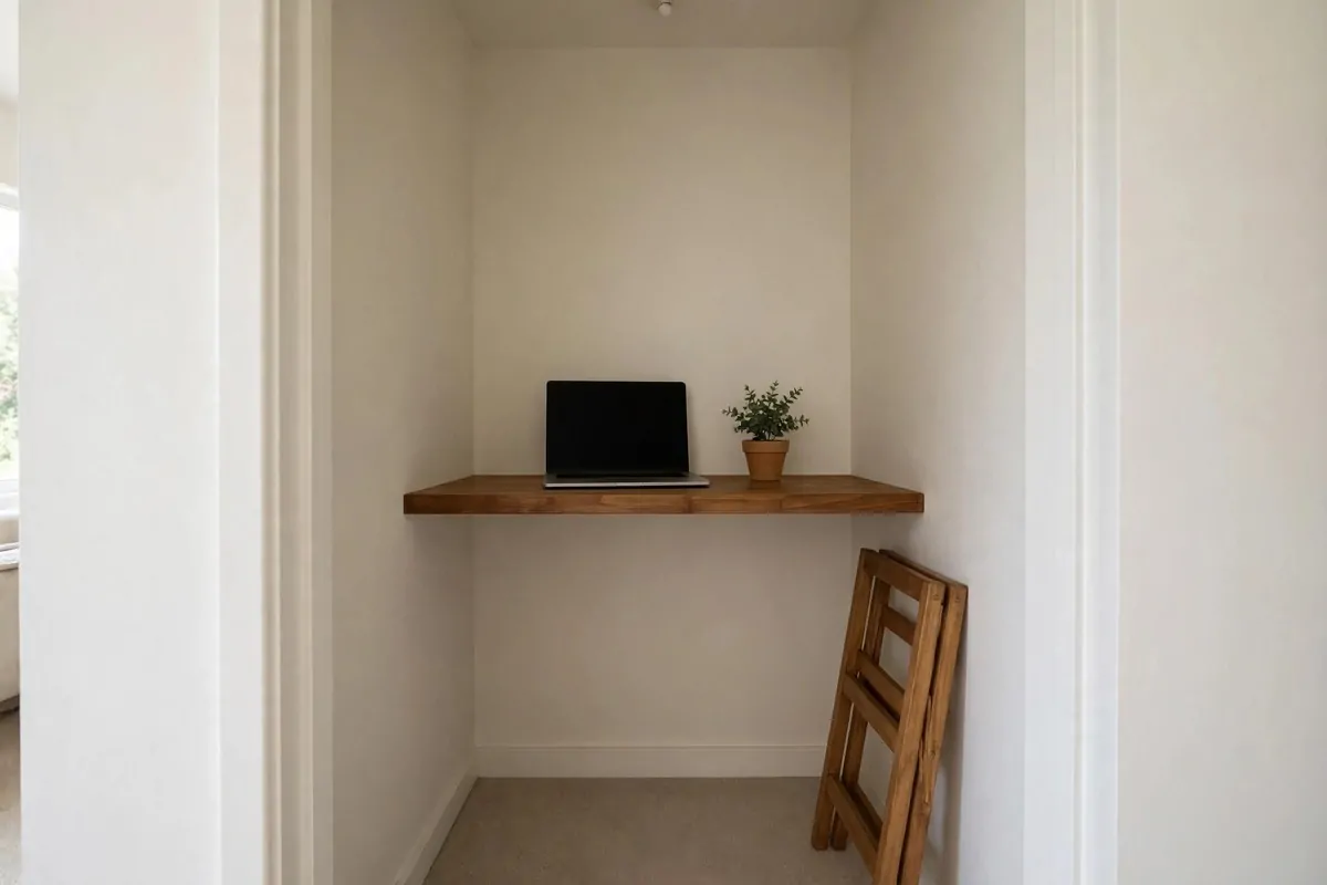 16 Cloffice Ideas Small Spaces Will Love 1 A narrow closet with a wooden shelf desk on the back wall, laptop and small plant, folding stool leaning against the wall