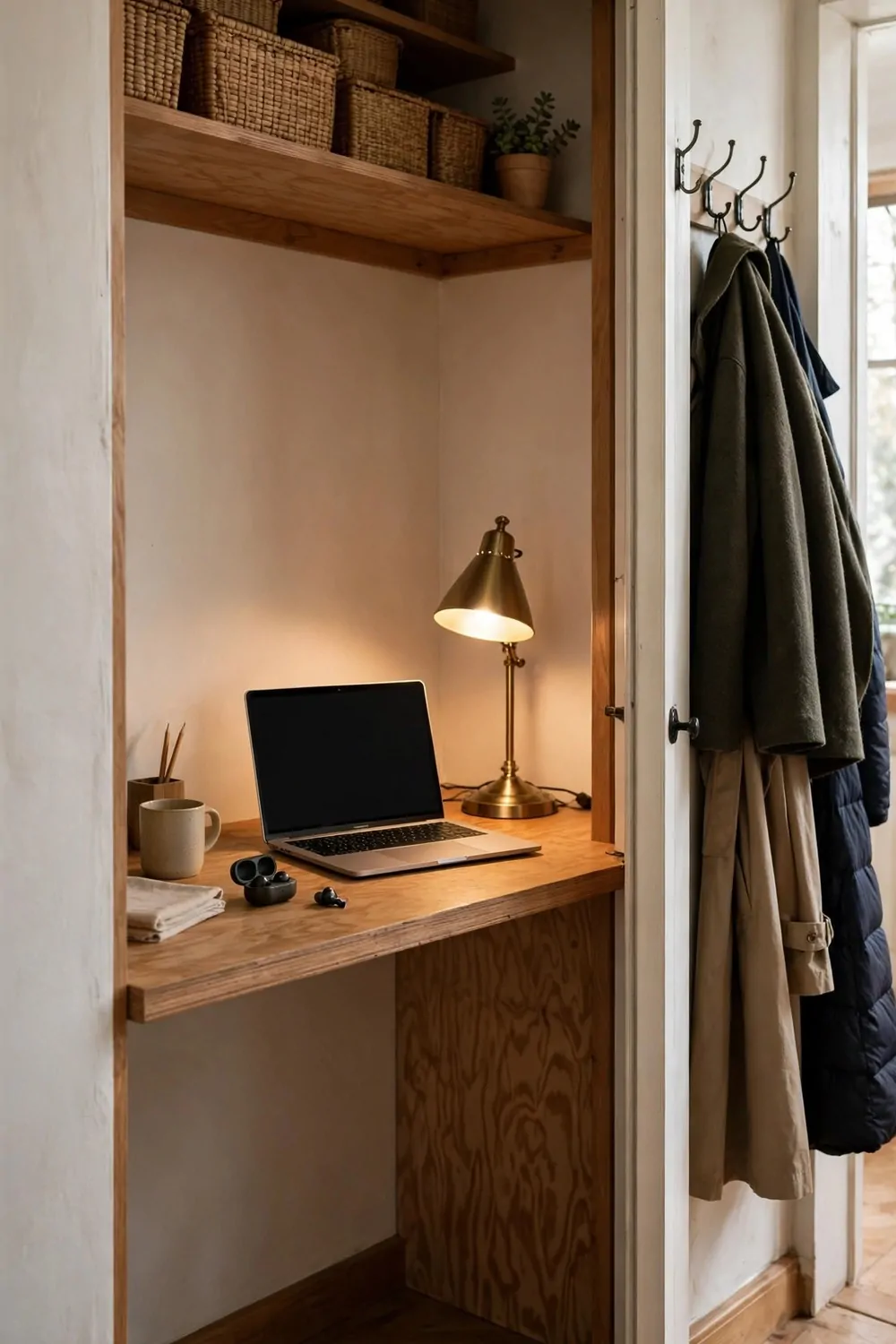 16 Cloffice Ideas Small Spaces Will Love 2 A hallway coat closet turned office with a wooden desk board, laptop and lamp, coats on hooks beside the door