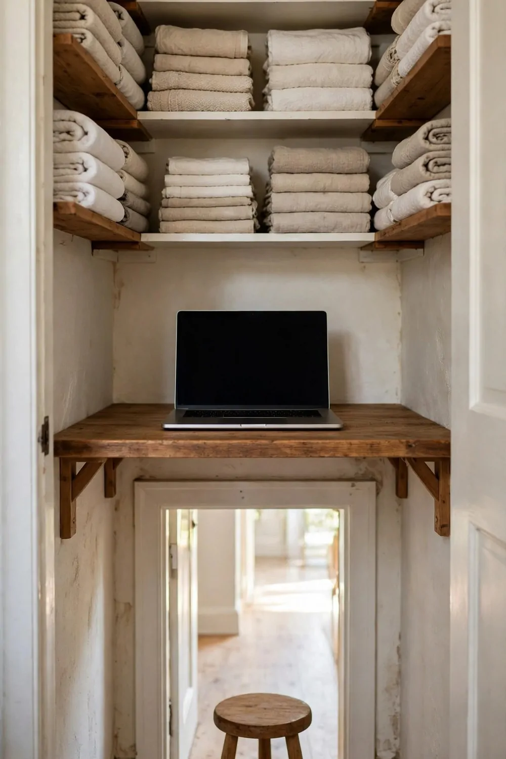 16 Cloffice Ideas Small Spaces Will Love 3 A narrow linen closet office with a wooden desk board, laptop, small stool and shelves with folded towels