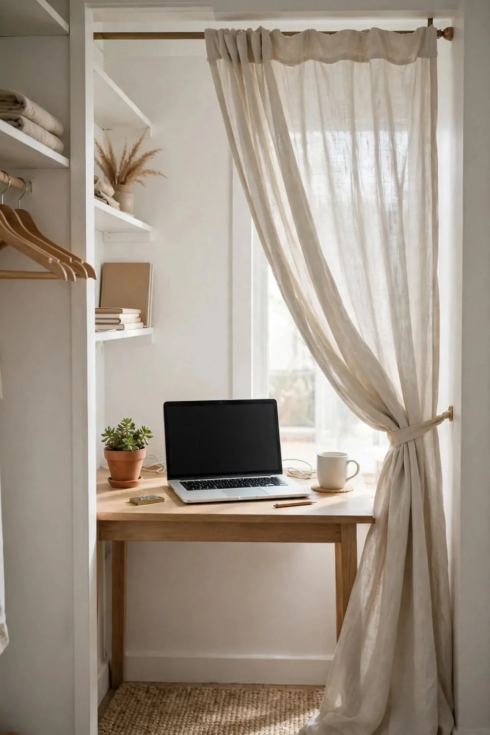 16 Cloffice Ideas Small Spaces Will Love 5 A bright closet office with white walls, a pale curtain half open and a desk lit by window light