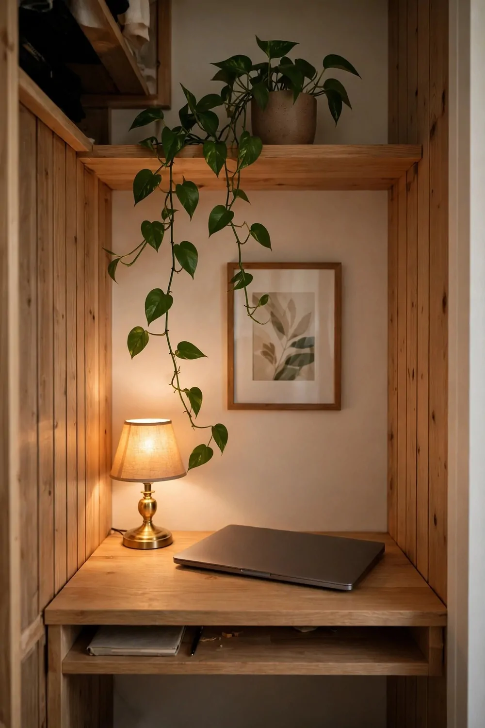 16 Cloffice Ideas Small Spaces Will Love 6 A closet office desk with a closed laptop, framed leaf picture and trailing plant on the wall behind, warm lamp light