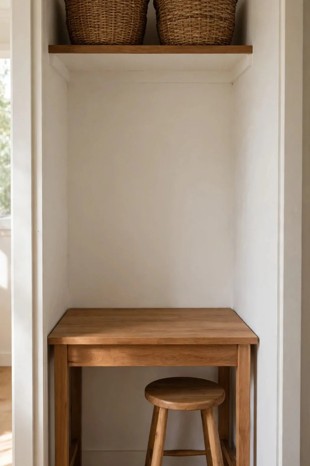 16 Cloffice Ideas Small Spaces Will Love 7 A closet office with two woven baskets on a top shelf, a wooden desk below and a stool