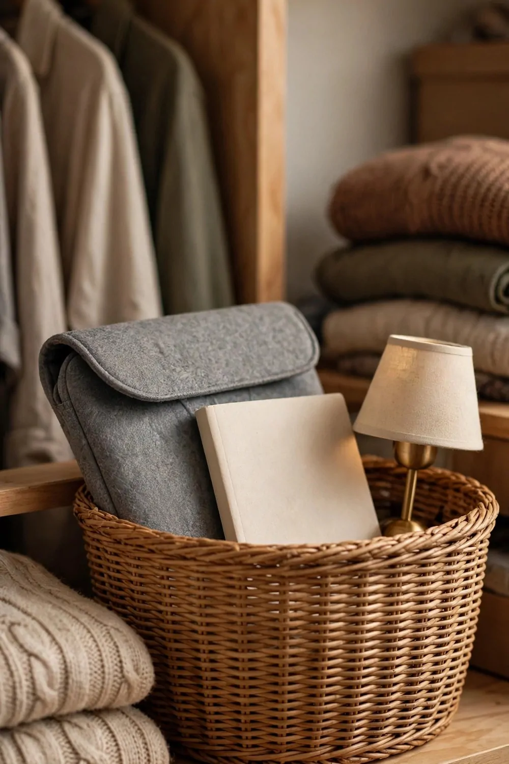 16 Cloffice Ideas Small Spaces Will Love 8 A woven basket on a closet shelf holding a laptop sleeve, notebook and small lamp