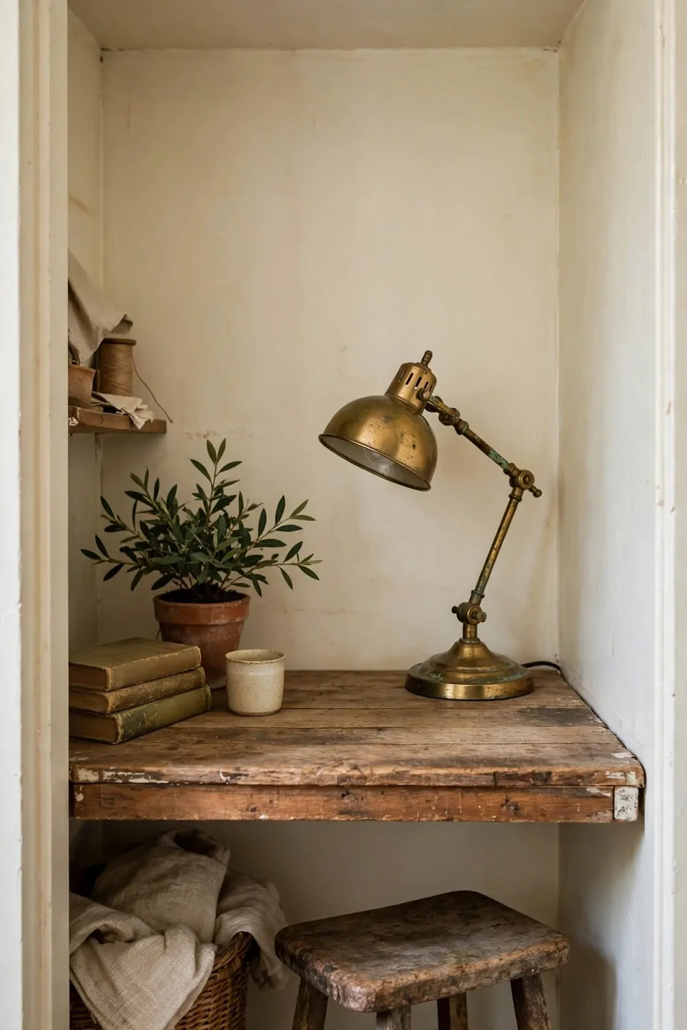 16 Cloffice Ideas Small Spaces Will Love 9 A thrifted closet office with a worn wooden desk board, old stool and secondhand lamp, cream walls