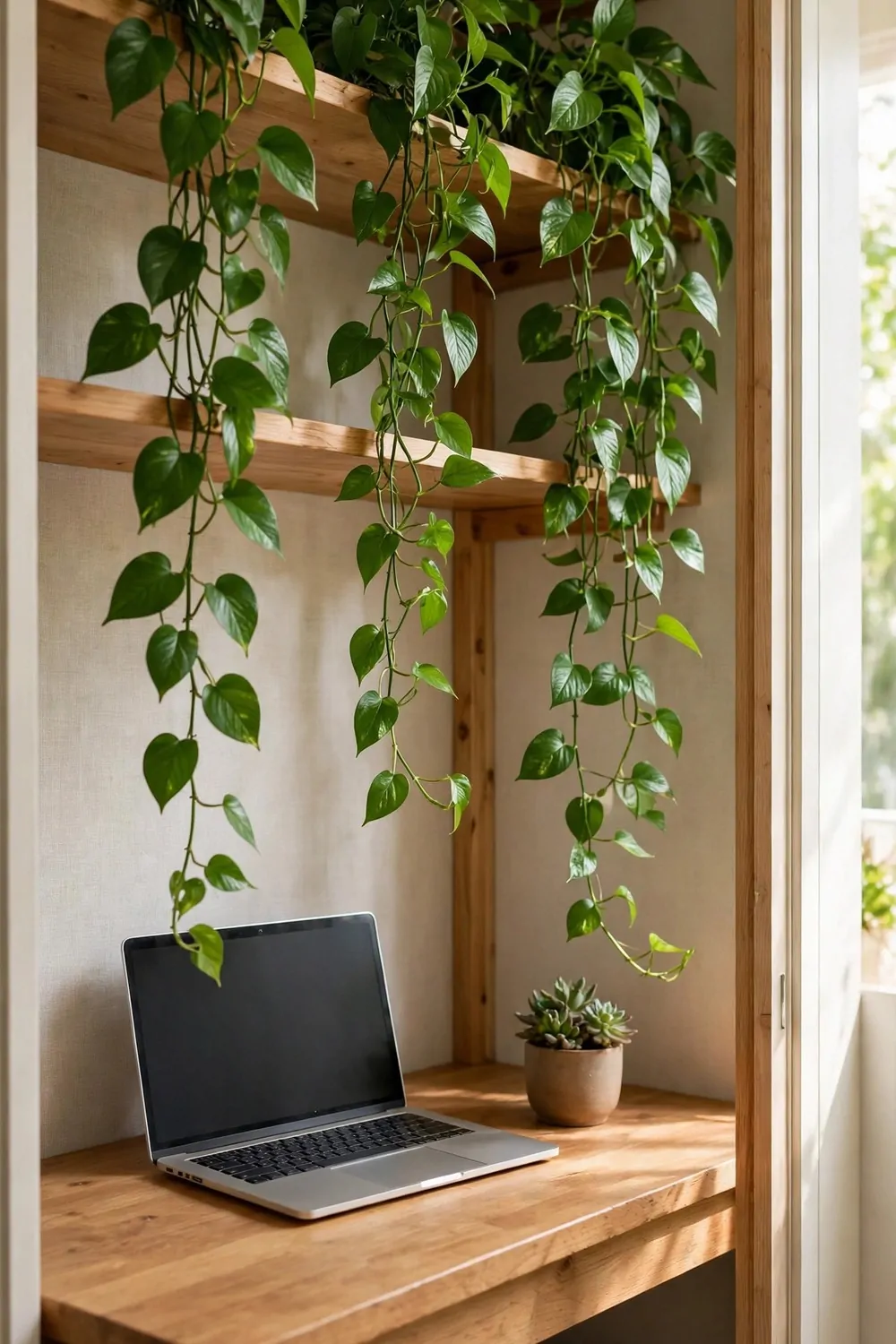 16 Cloffice Ideas Small Spaces Will Love 10 A closet office with trailing green plants on shelves above a wooden desk, laptop and small succulent