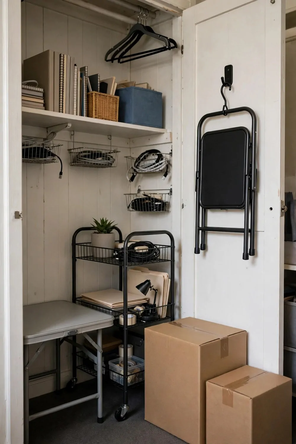 16 Cloffice Ideas Small Spaces Will Love 11 A folding table and rolling cart inside a closet office, boxes packed beside them, stool hanging on the door