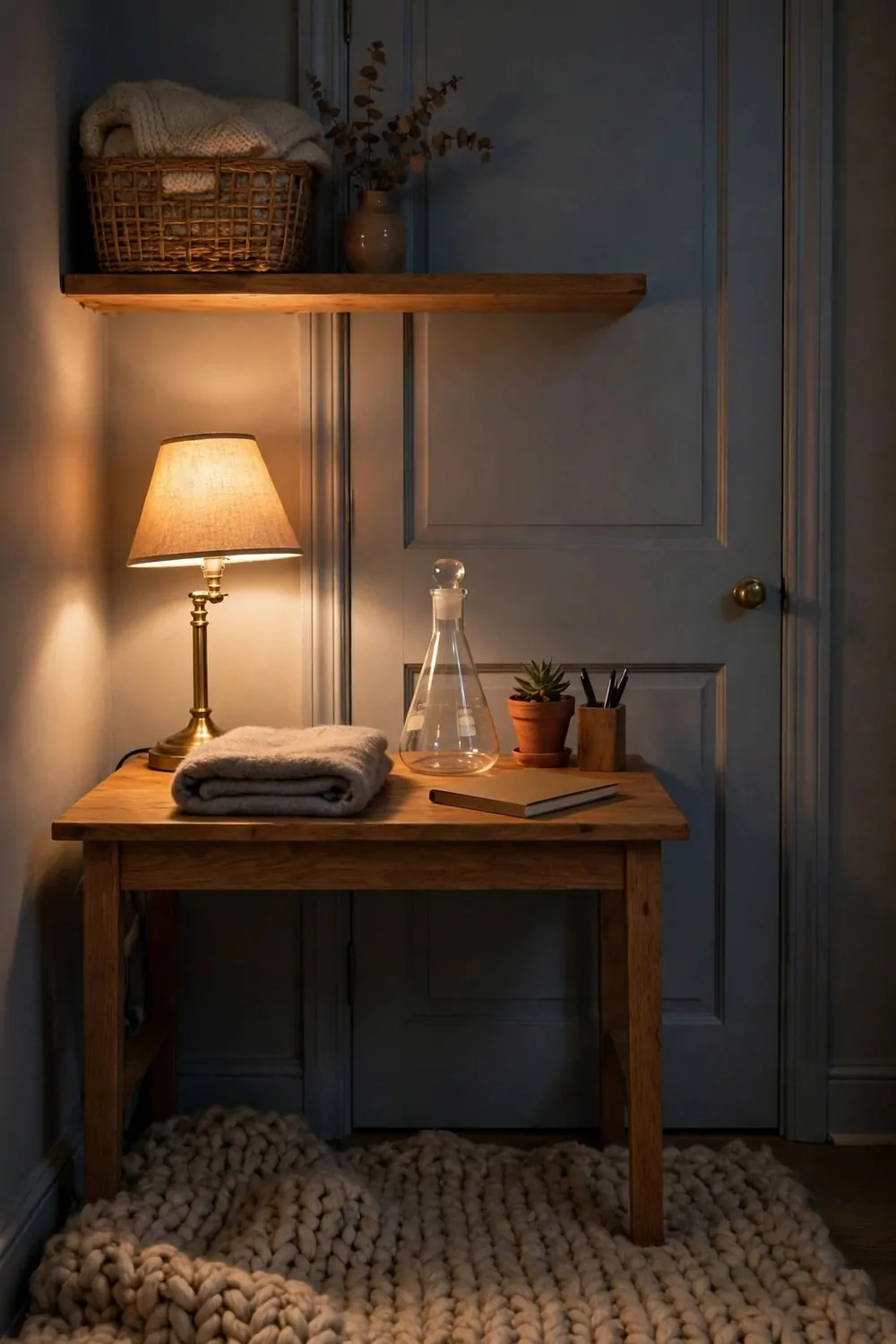 16 Cloffice Ideas Small Spaces Will Love 12 A closet office at night with a warm glowing lamp, closed door, thick rug on the floor and a glass flask on the desk
