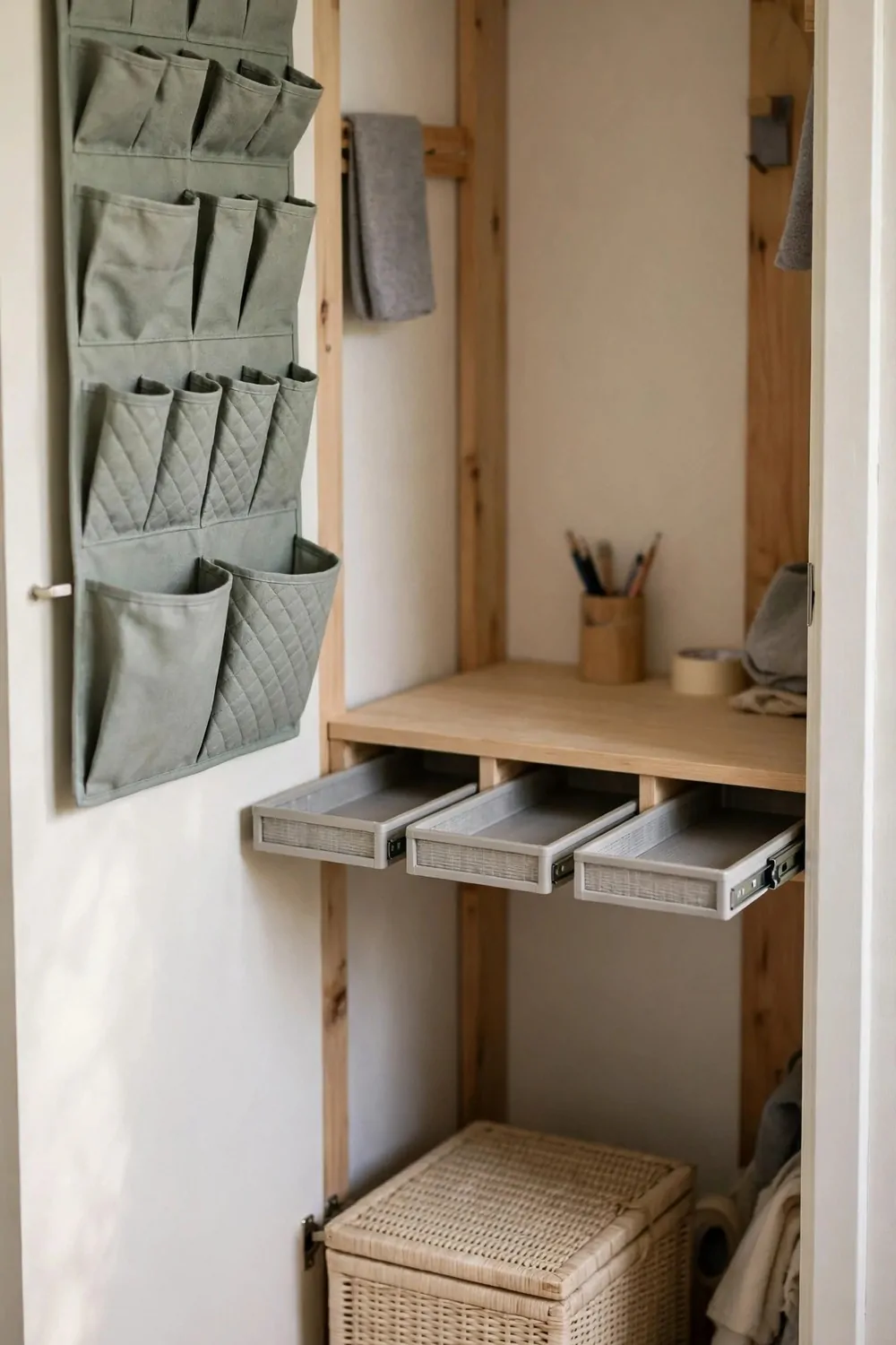 16 Cloffice Ideas Small Spaces Will Love 13 A closet desk with hidden trays underneath, a lidded box on the floor and a fabric pocket on the door