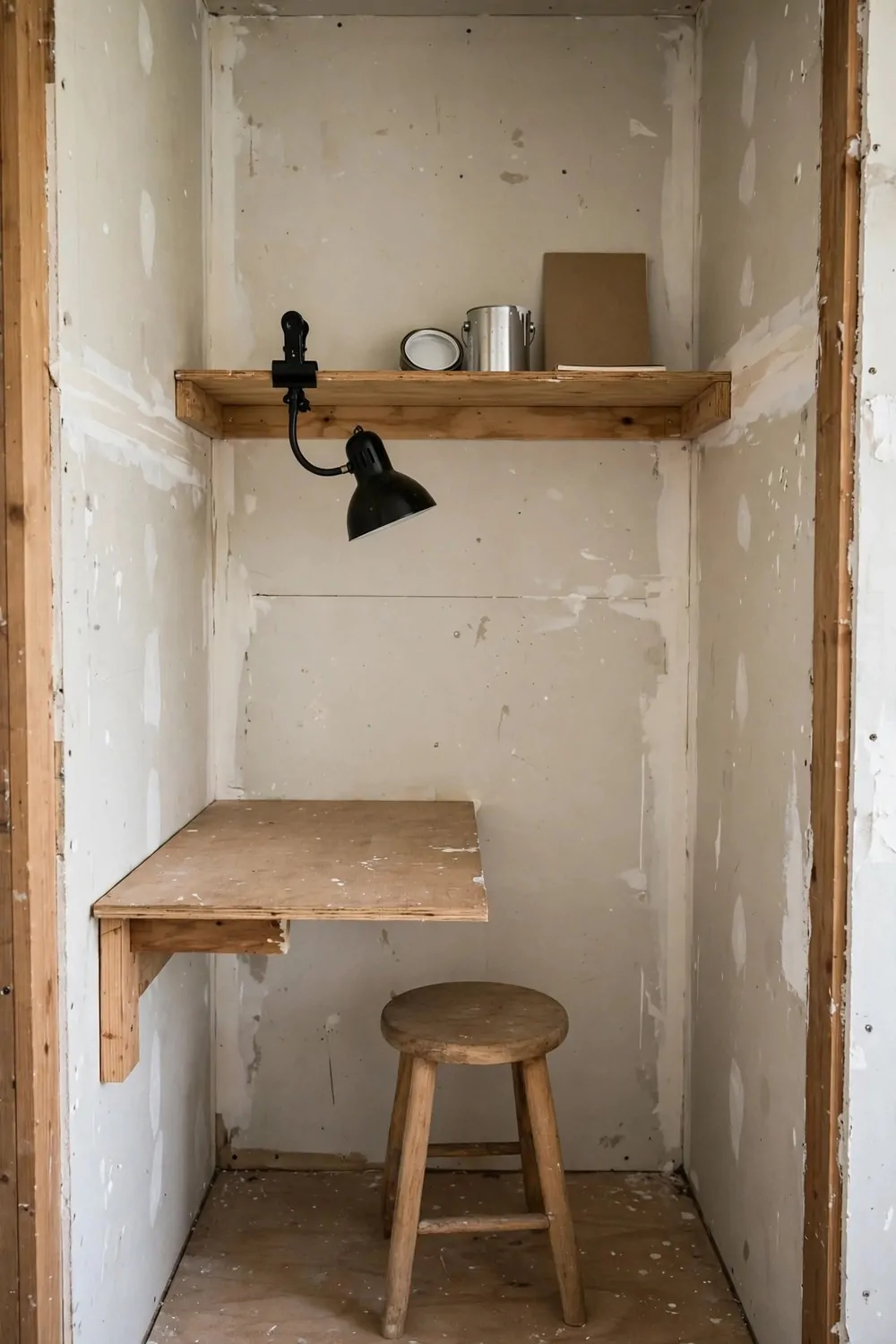 16 Cloffice Ideas Small Spaces Will Love 14 A closet office in progress with a desk board, stool and clip light, paint tin and notebook on the shelf