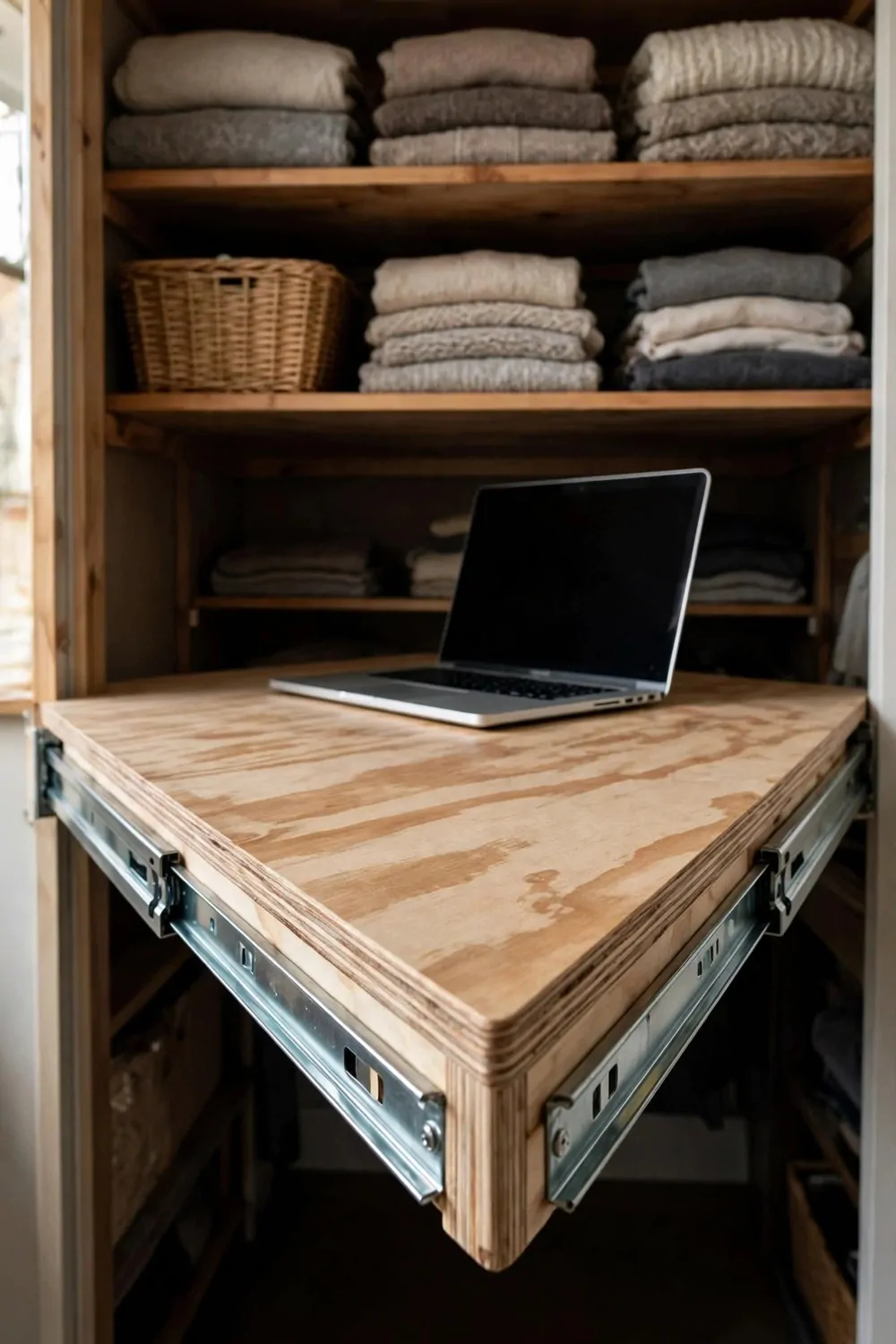 16 Cloffice Ideas Small Spaces Will Love 15 A wooden desk board on drawer slides pulled out from a closet, laptop on top, shelves above