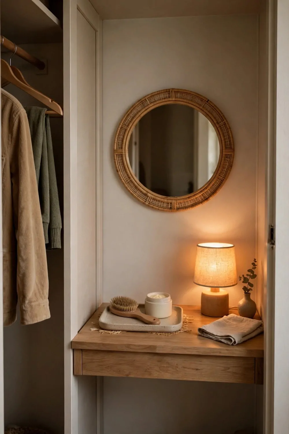 16 Cloffice Ideas Small Spaces Will Love 16 A closet desk with a round rattan mirror on the wall above, a small tray with a hairbrush and cream pot, and a warm lamp