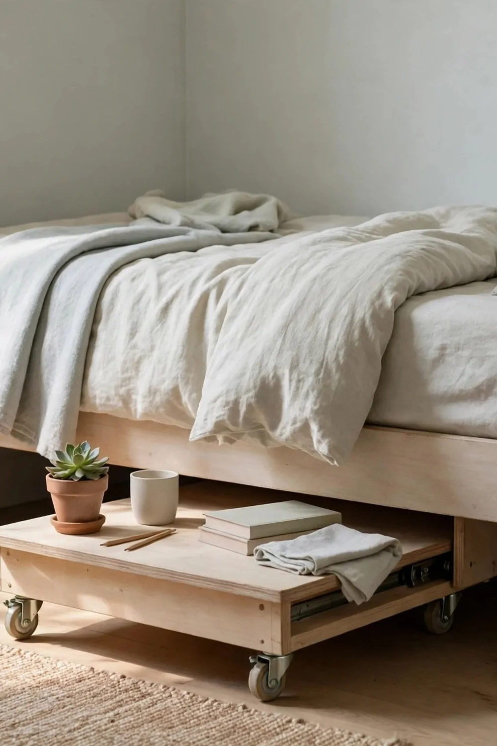 A small desk on wheels slid halfway under a bed frame in a small bedroom