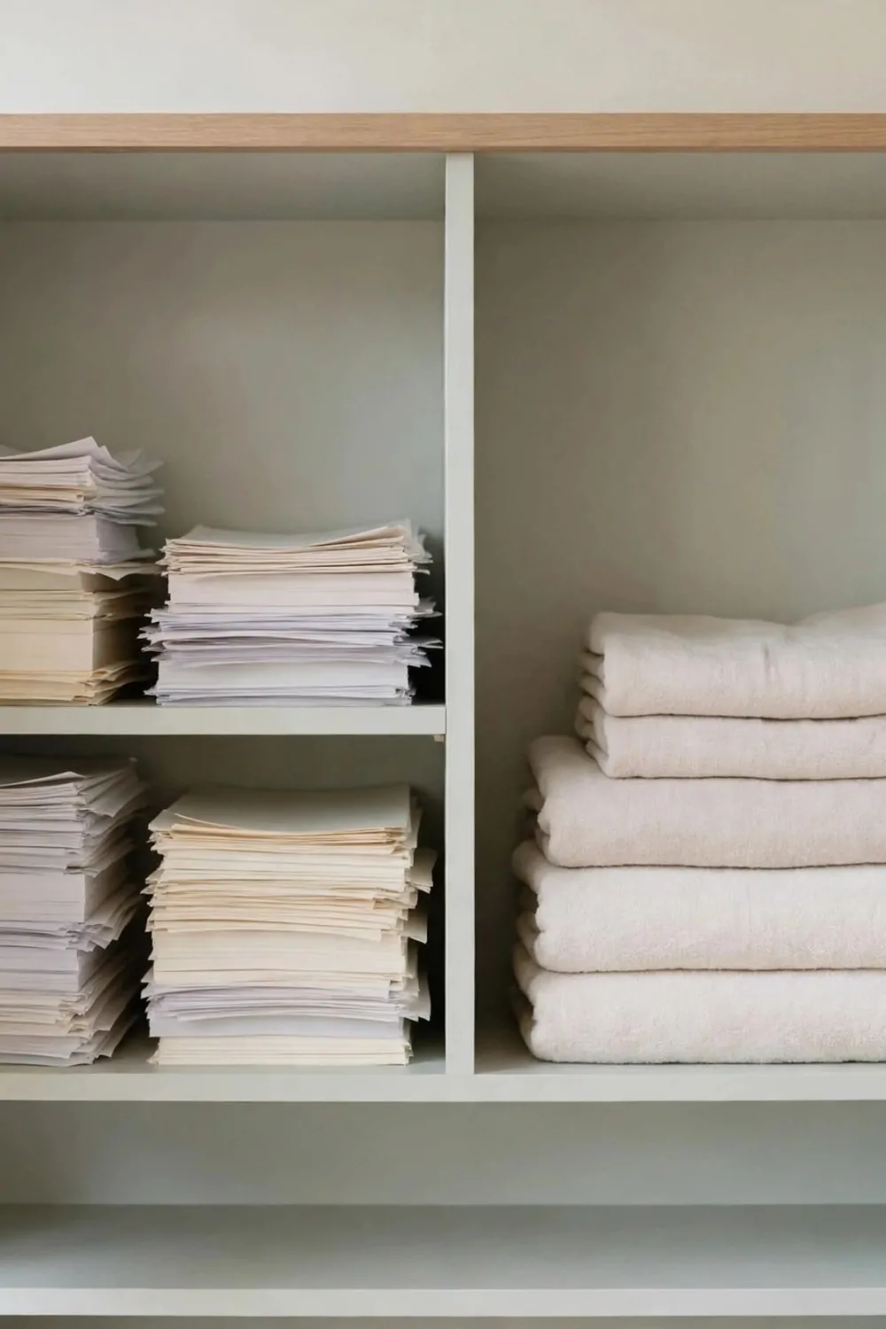 A tidy cupboard with one side holding work papers and the other side holding folded guest towels