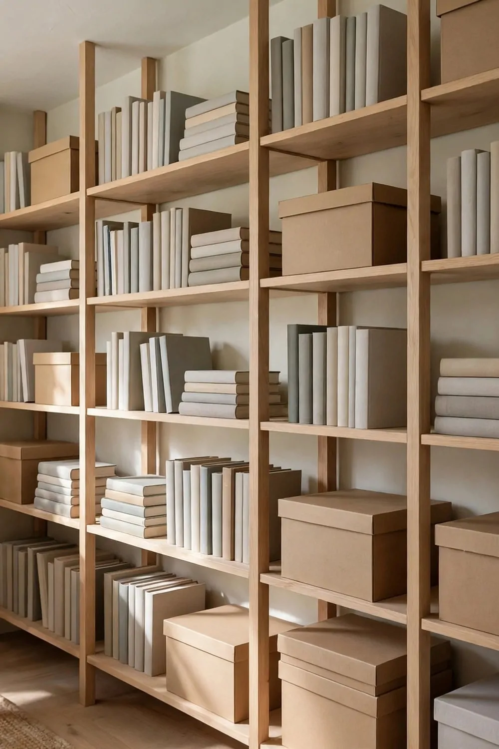 Tall narrow shelves climbing to the ceiling in a small bedroom office, books and plain boxes