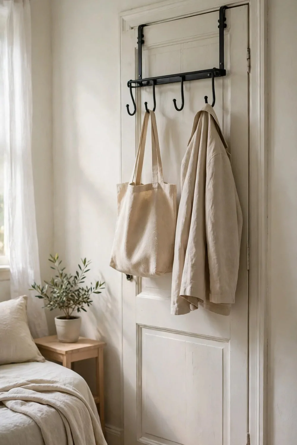An over-door rack with hooks on the back of a bedroom door holding a bag and a jacket