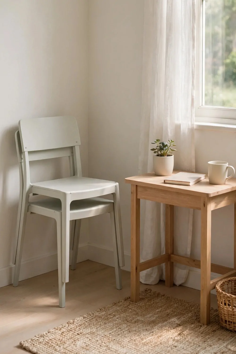 Two plain stacking chairs stacked in the corner of a small bedroom office