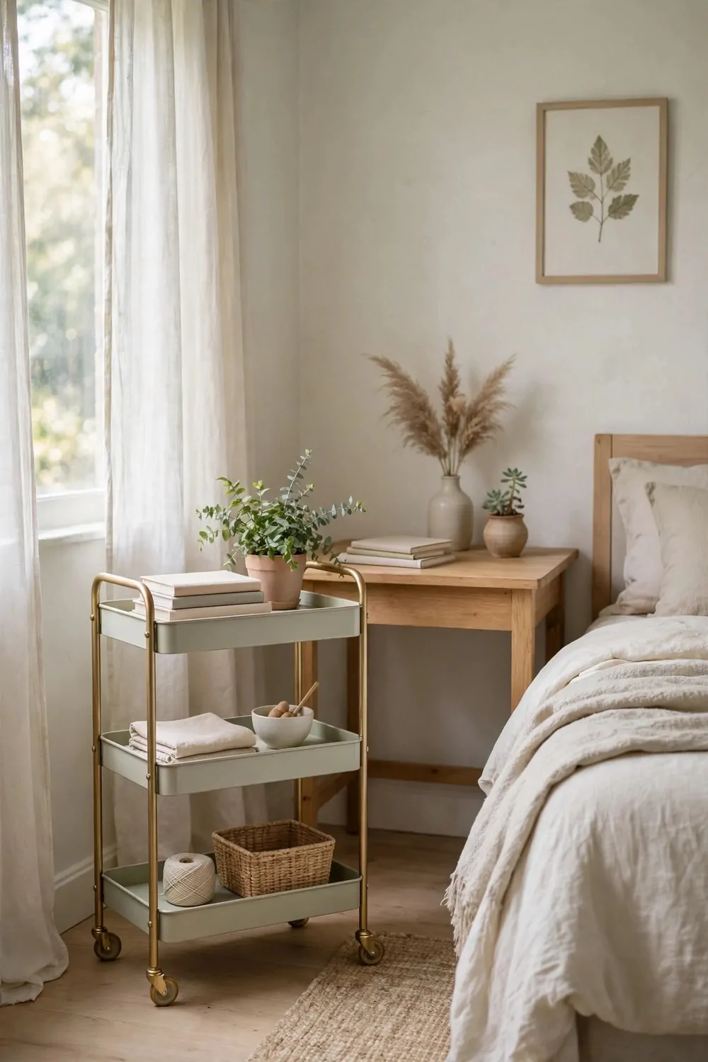 A small rolling cart with three shelves beside a desk in a small bedroom, notebooks and a plant on top