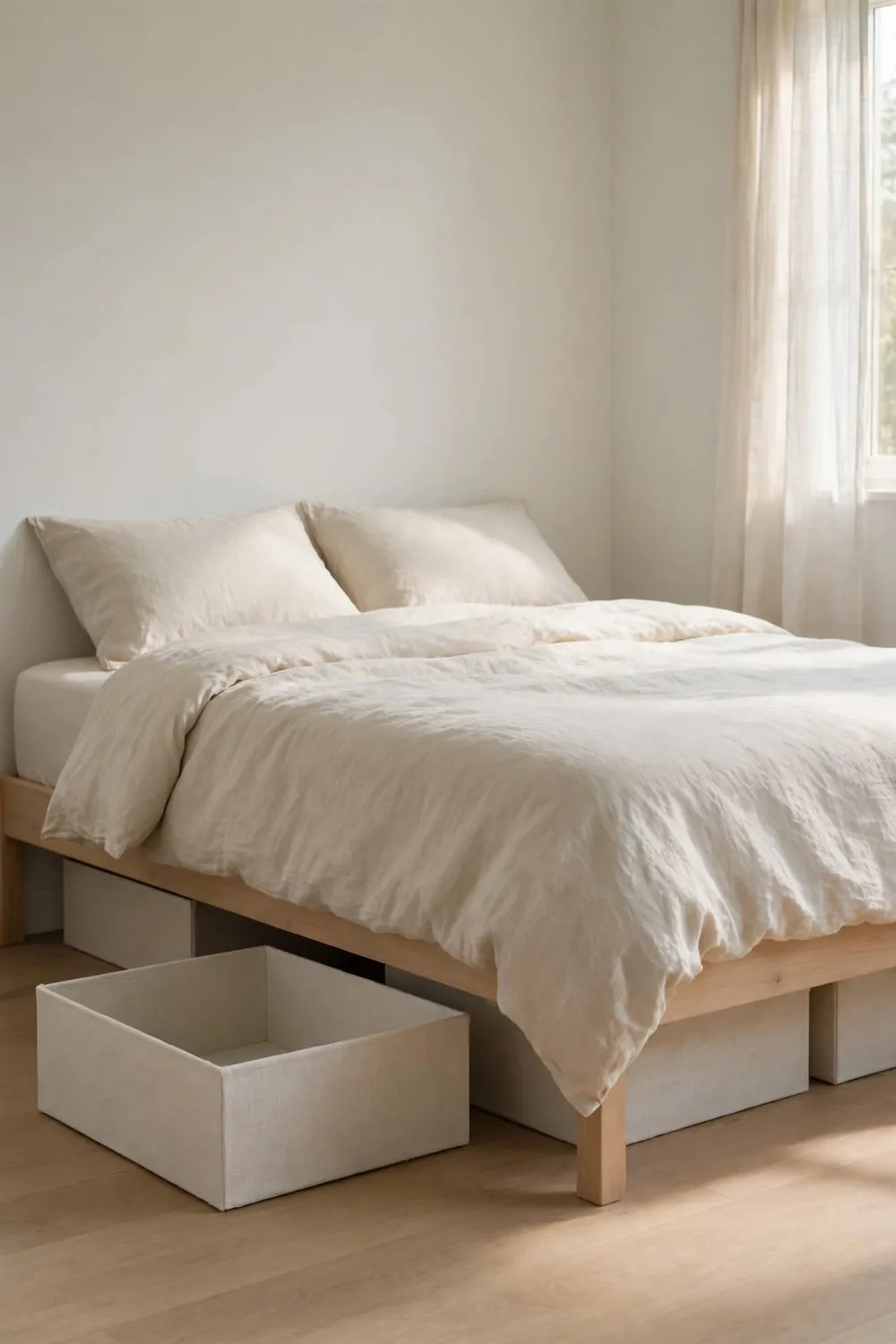 Flat storage boxes sliding under a bed in a small bedroom, one box half pulled out