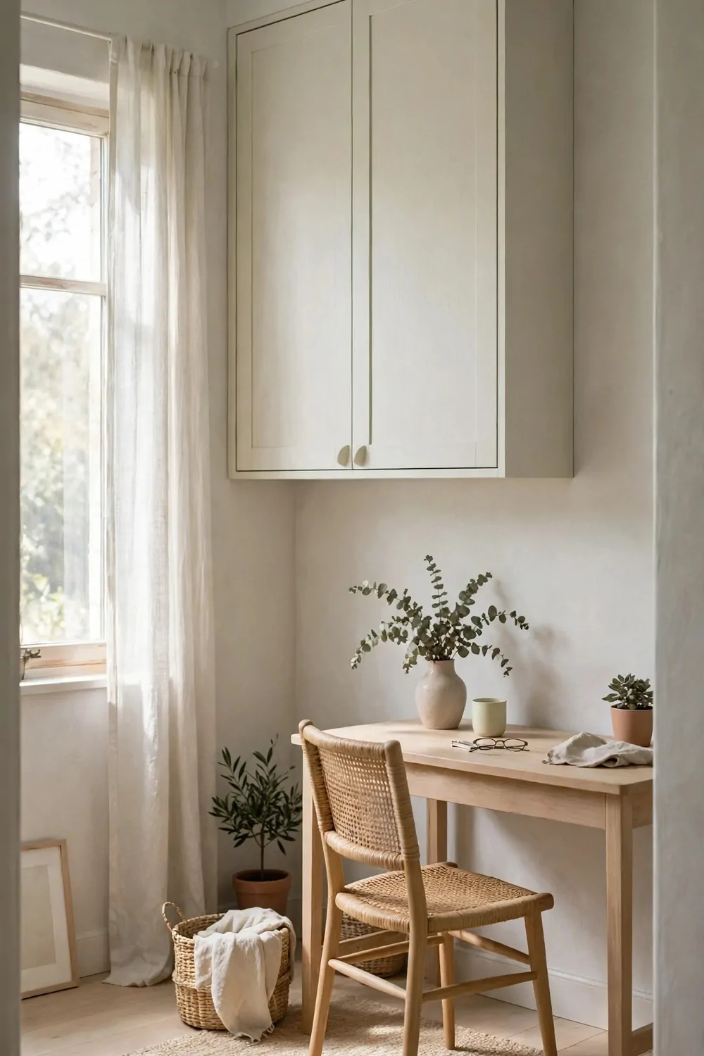 A wall bed folded up into a pale wall cabinet in a small bedroom, desk and chair in the open floor space