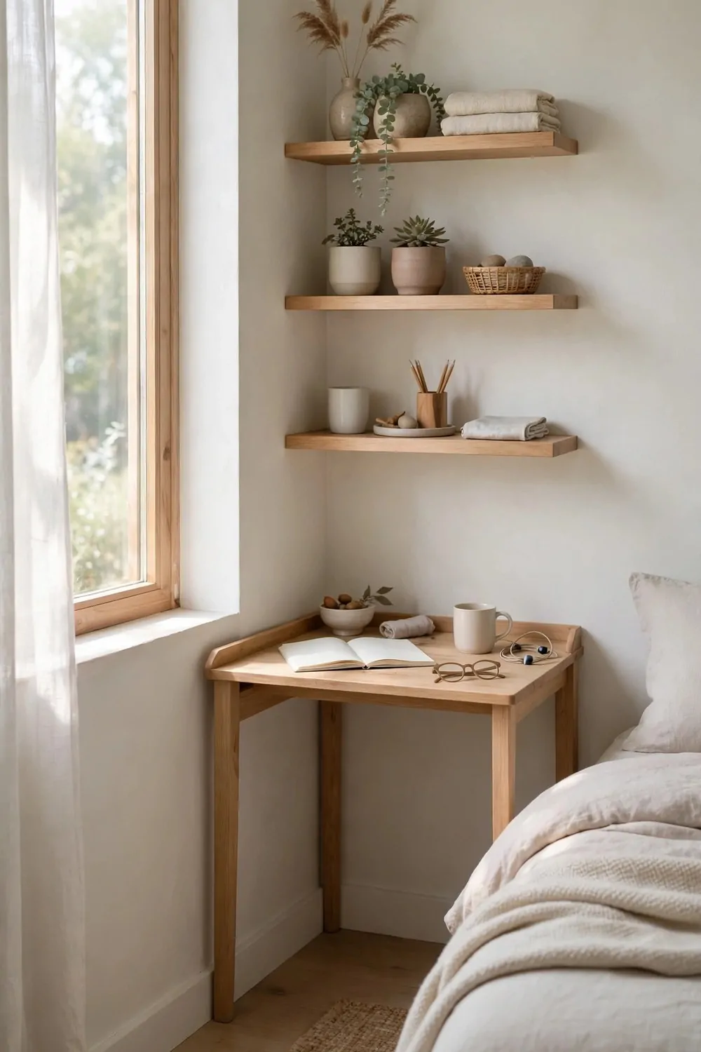 A small corner desk fitted into the corner of a bedroom with shelves above it