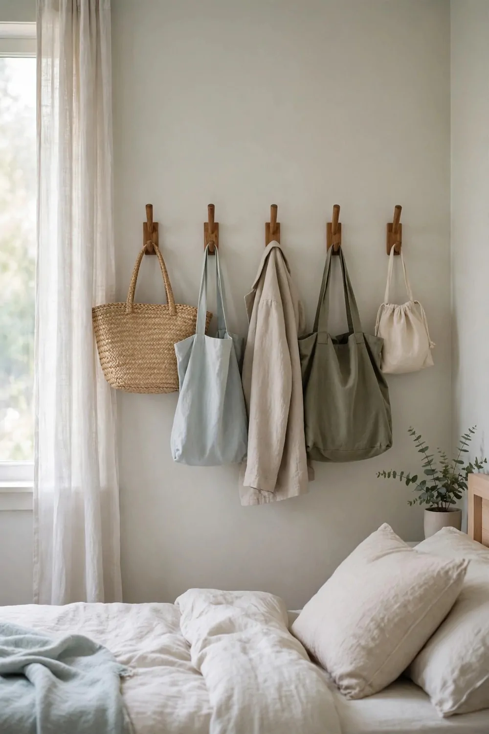 A row of wooden wall hooks holding bags and a jacket in a small bedroom, no dresser in sight