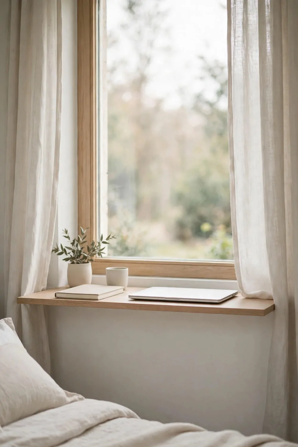 A very slim wall desk no deeper than a book under a bedroom window, laptop and notebook on top
